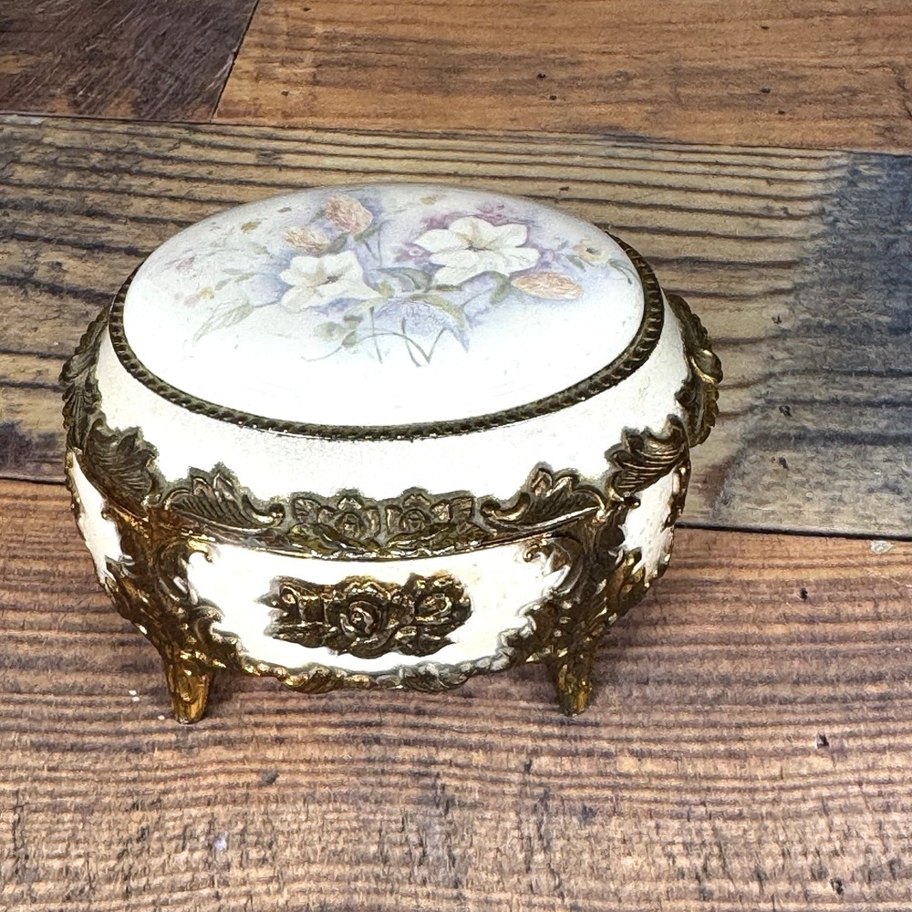 Vintage Japan Porcelain Music Trinket Box Hinged Footed Gold Floral Velvet Lined